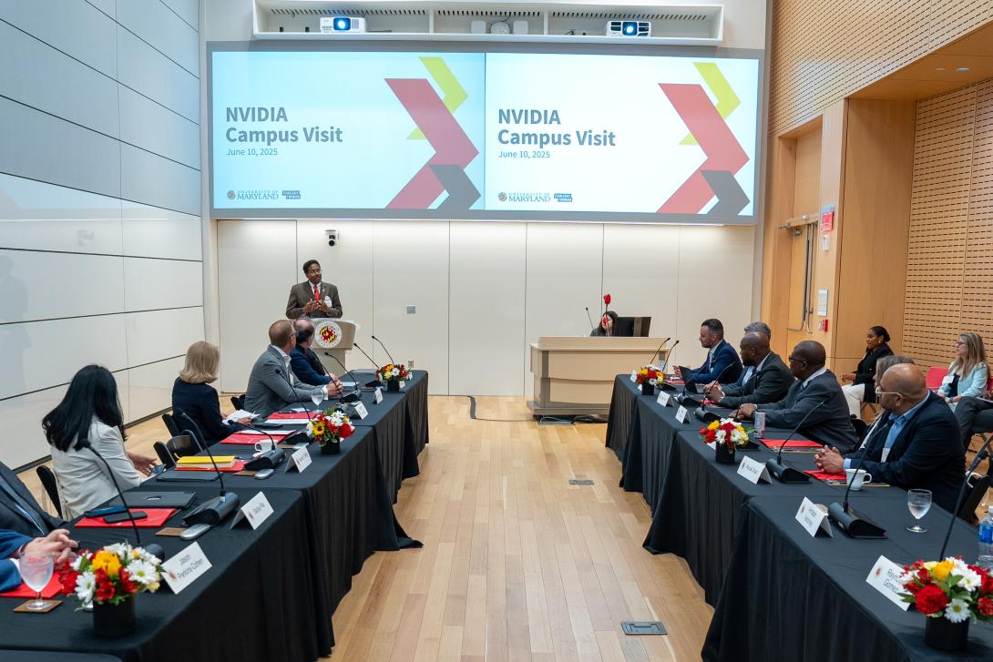 President Pines speaks to state, business and university leaders about artificial intelligence and quantum technology research and education at UMD.
