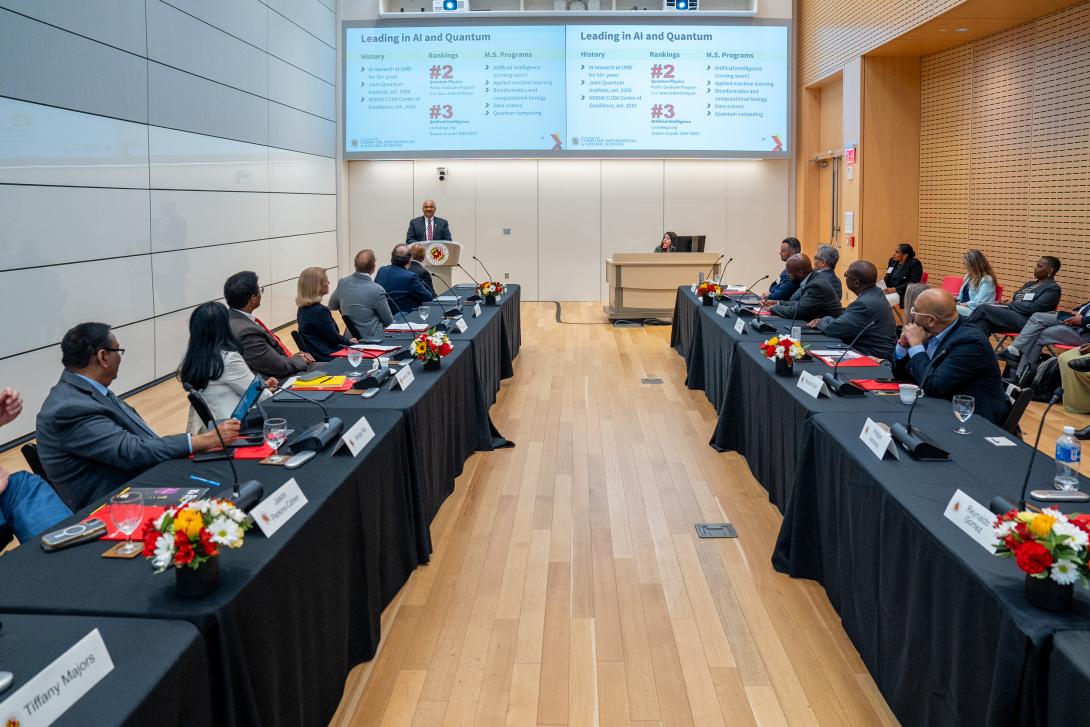 CMNS Dean Amitabh Varshney speaks to state, business and university leaders about artificial intelligence and quantum technology research and education at UMD.