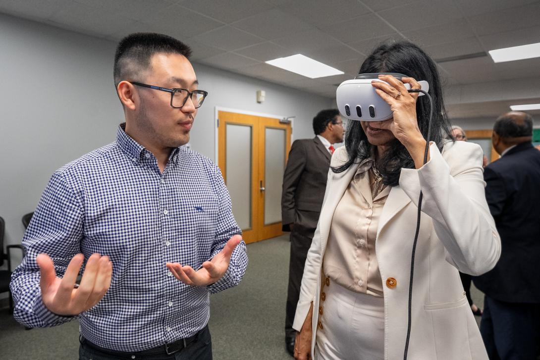 Lt. Gov. Aruna Miller immerses herself in a stroke scenario created for physician assistant students.